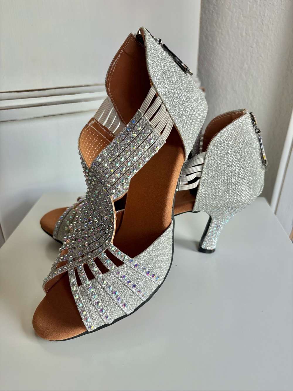 Silver Rhinestone Open-Toe Heels for Women